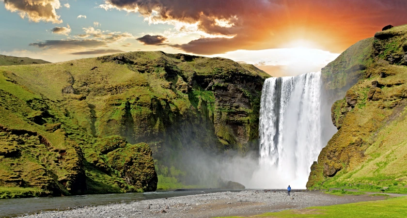 waterfall and sunset